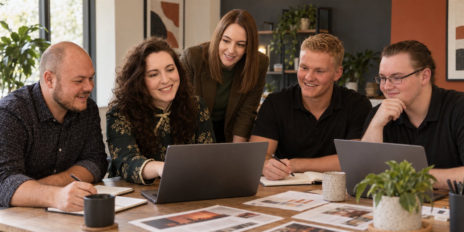 AI-assisted composite showing the five Ghost Pepper Digital team members together around a worktable